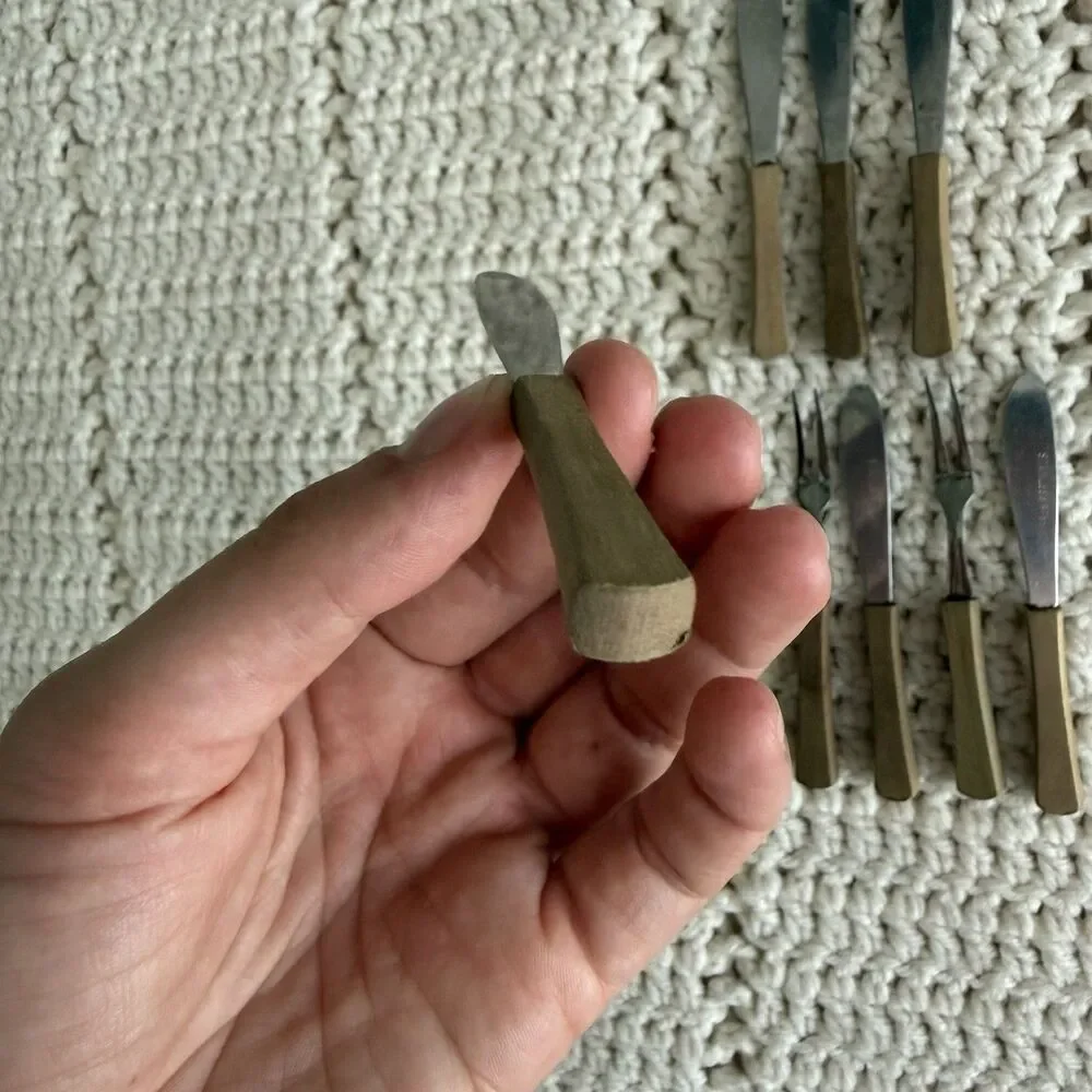 Vintage Wood Stainless Appetizer Forks (3) Knives (6) Set Of 9 Mini Utensils MCM